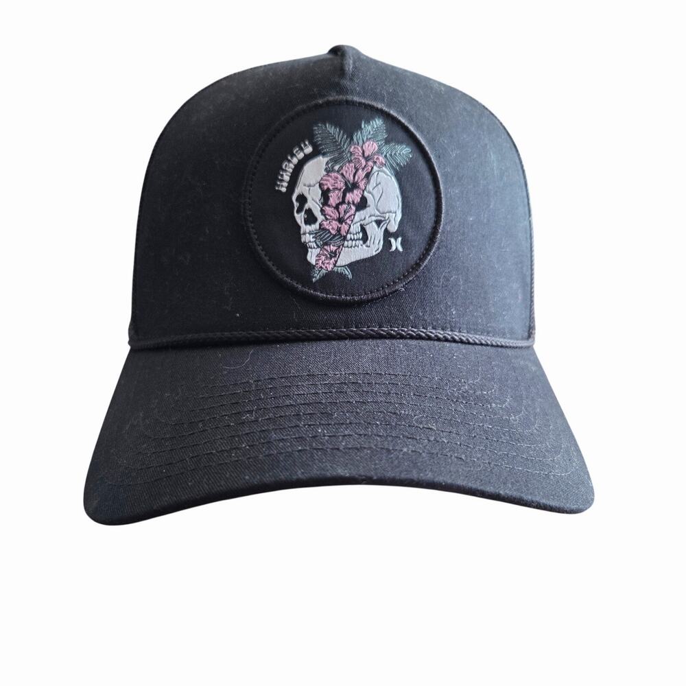 Hurley Black Snap Back Mesh Trucker Hat with Skull & Floral Design